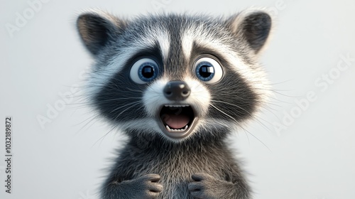 3D raccoon with wide eyes, caught in the act, shocked expression, white background photo