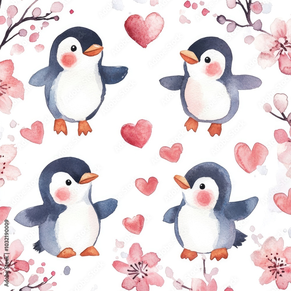 Fototapeta premium Whimsical Watercolor Pattern of Adorable Penguins, Hearts, and Pink Flowers. Ideal for Greeting Cards and St. Valentine's Day Posters