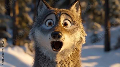 3D wolf midhowl with a surprised expression, white background photo