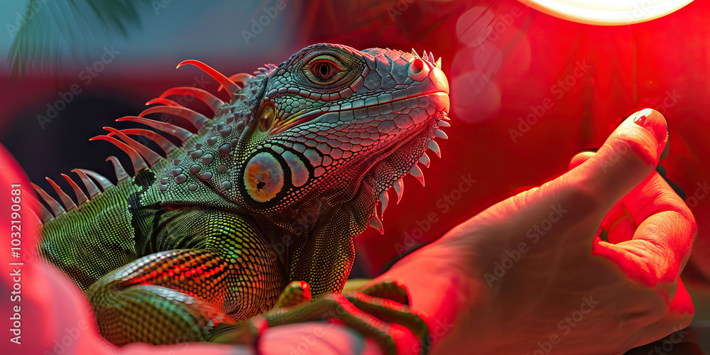 Obraz premium A reptile expert handling a green iguana, carefully inspecting its scales under a bright red light.
