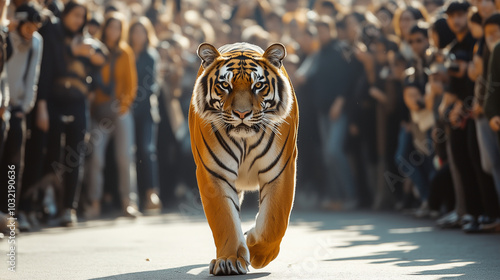 a photo of tiger walking on the street in the city with crowded people photo