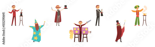 Man Magician and Illusionist Character as Circus Performer Vector Set