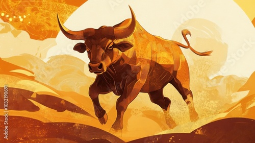 Dynamic bull illustration in abstract sunset hues for financial and wildlife themes