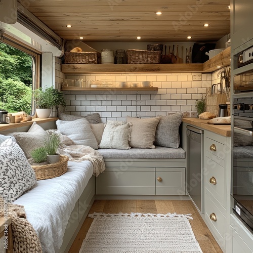 Modern camper van interior with wooden accents. AI generated