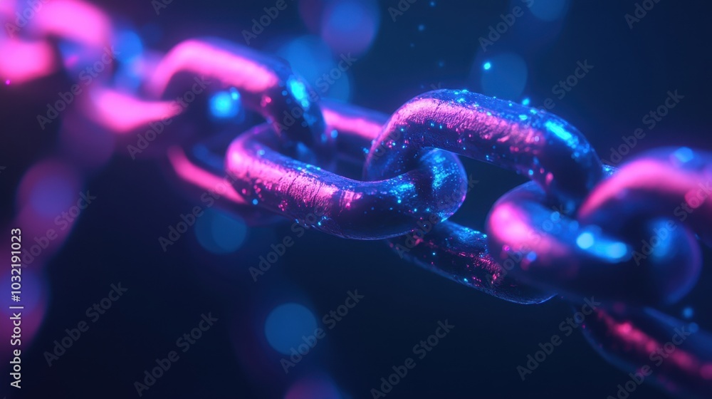 Digital chain links glowing in blue and pink shades, representing connectivity and technology in a modern digital space Digital chain links glowing in blue and pink shades, representing connectivity and technology in a modern digital space