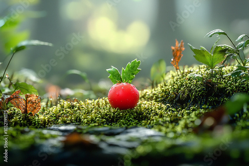 A single red berry rests on moss in a sunlit forest setting photo