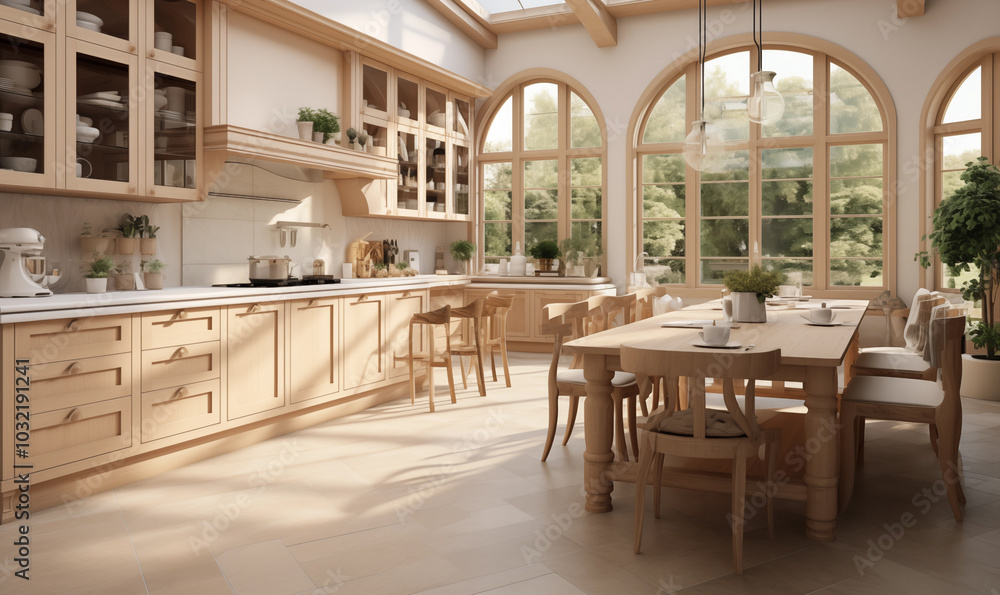 Fototapeta premium Beautiful spacious kitchen interior in a modern style. Can be used in various areas: design, printing, interior design, publishing, etc.