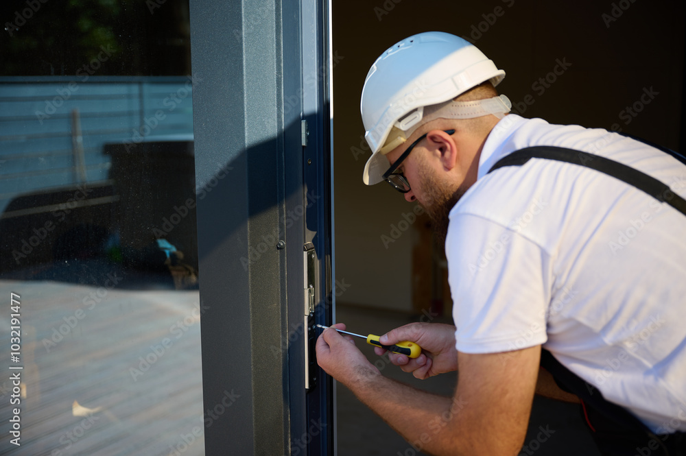 Construction worker installing door in a new house construction site. Man in working attire install front door. Builder in uniform with screwdriver adjusting front glass door in new beautiful house. Construction worker installing door in a new house construction site. Man in working attire install front door. Builder in uniform with screwdriver adjusting front glass door in new beautiful house.