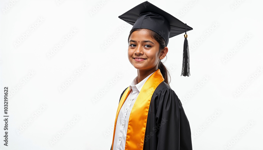 Indian asian cute little school girl wesra graduation white against white background Indian asian cute little school girl wesra graduation white against white background