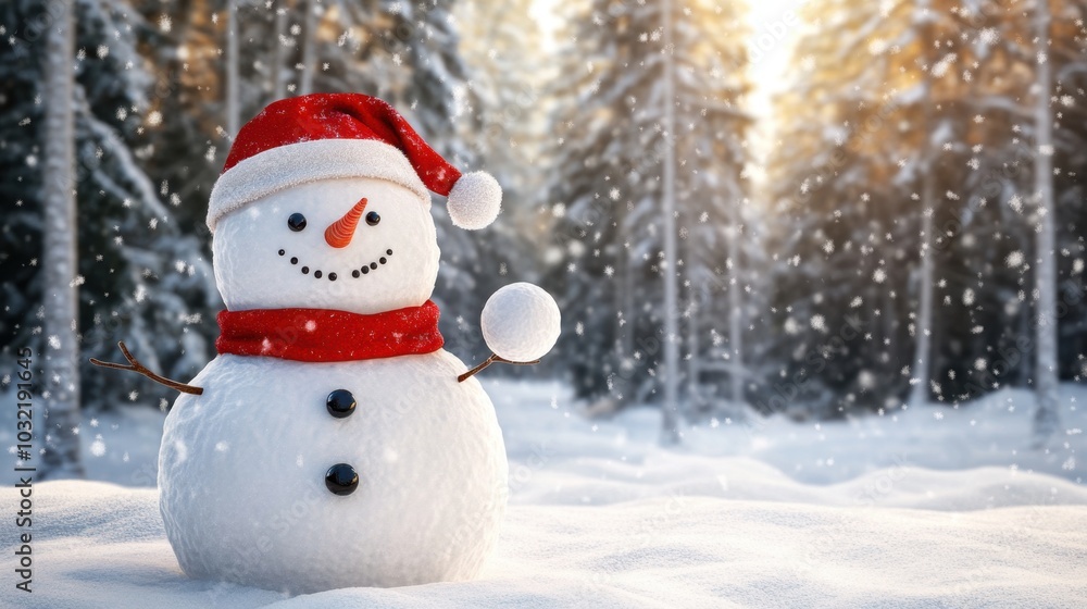 Obraz premium Festive snowman with a Santa hat, clutching a snowball in front of a snow-covered forest, bringing winter joy, 3D illustration.