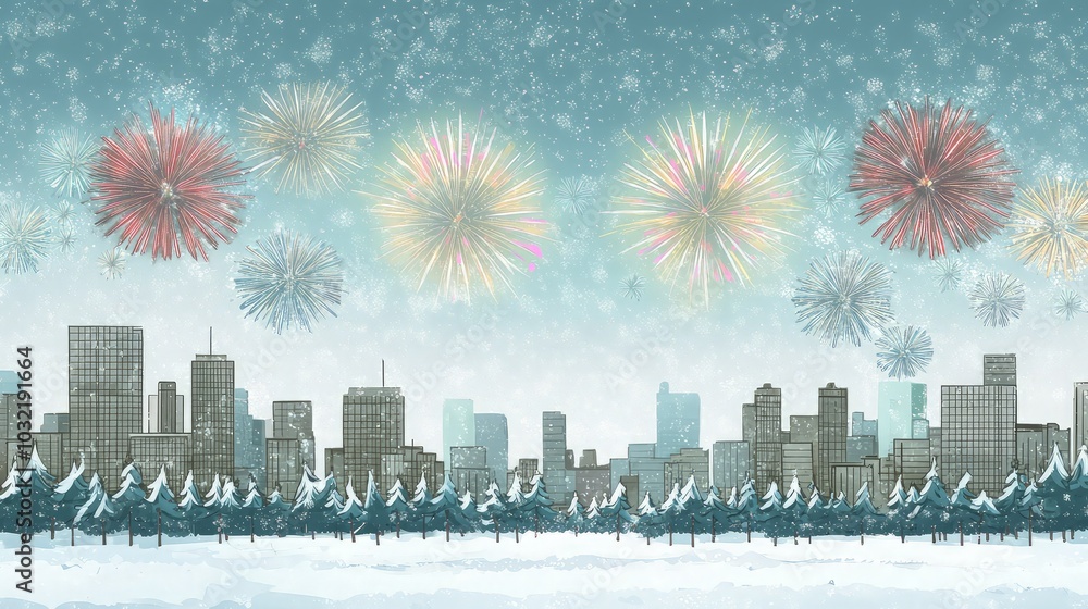 Obraz premium Cityscape with fireworks exploding over a snowy forest.