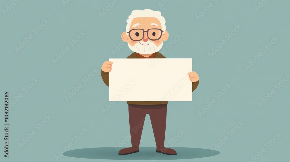 Friendly elderly man in cartoon style, holding a blank sign ready for marketing ideas or announcements Friendly elderly man in cartoon style, holding a blank sign ready for marketing ideas or announcements