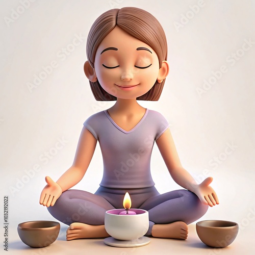 3D Serene Woman in Meditation Pose with Houseplant | Relaxation and Wellness Concept