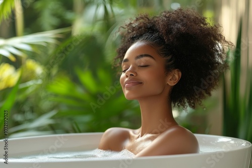 Wallpaper Mural Relaxed african american lady taking bath in bathtub, enjoying bodycare routine with eyes closed at home, side view, copy space, Generative AI Torontodigital.ca