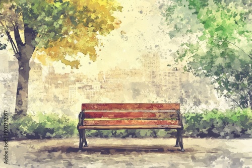 Urban Park Bench in Watercolor Style. Vintage Wooden Chair in City Landscape