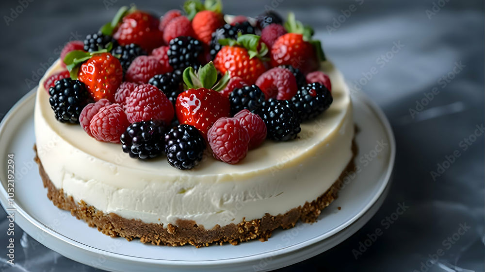 A vegan cheesecake with a nutty crust and fresh berries A vegan cheesecake with a nutty crust and fresh berries