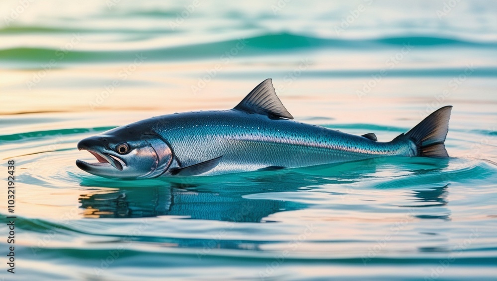Fototapeta premium A salmon fish swimming in blue water in the sea 
