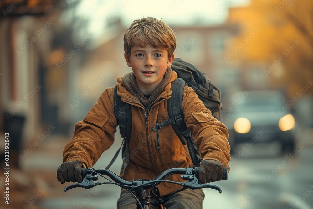 A young boy rides his bike down a street in the fall, wearing a brown jacket and a backpack. A young boy rides his bike down a street in the fall, wearing a brown jacket and a backpack.