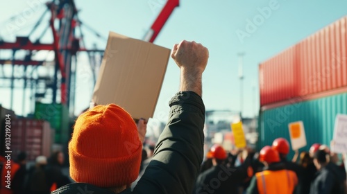 Workers striking at a busy port. Featuring vibrant protest banners and passionate voices. Highlighting the urgency for better labor conditions. Ideal for articles on worker rights photo