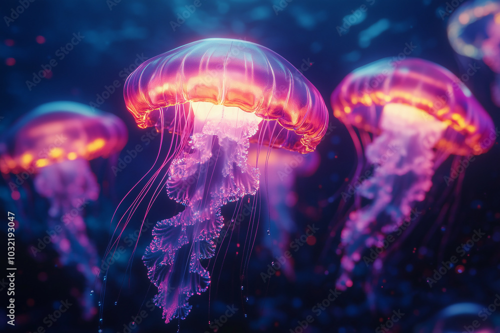 Glowing iridescent jewel-like glimmering jellyfish floating in deep dark blue water. Glowing iridescent jewel-like glimmering jellyfish floating in deep dark blue water.