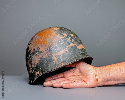 A vintage military helmet is held gently in an outstretched hand against a simple grey background, showcasing its unique camouflage pattern and history. photo