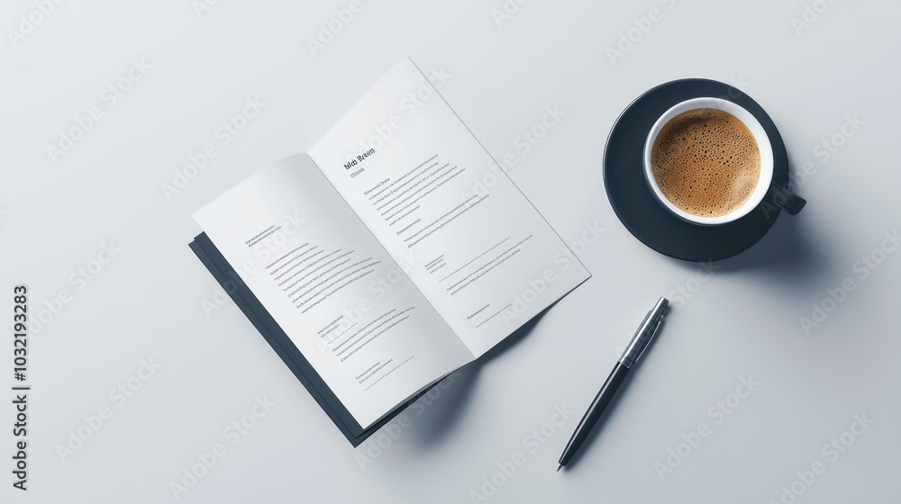A simple and minimalistic workspace with a coffee cup, a pen, and a folded brochure, perfect for branding, business, and design mockups. A simple and minimalistic workspace with a coffee cup, a pen, and a folded brochure, perfect for branding, business, and design mockups.