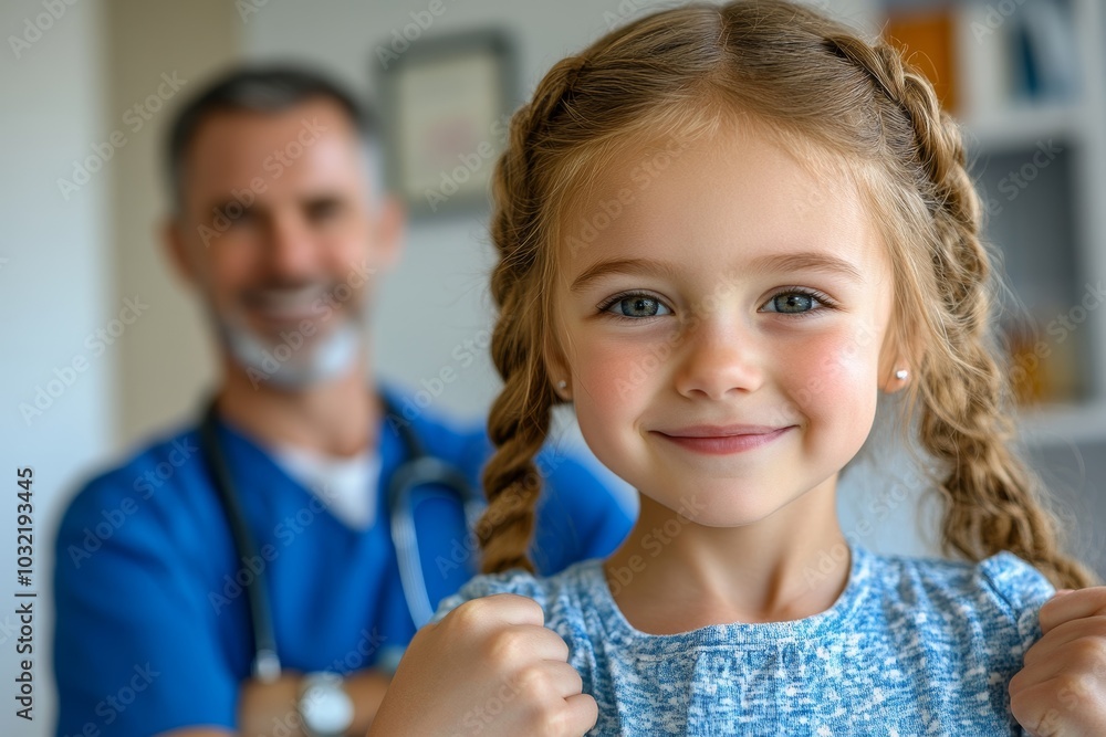 Cute little girl showing her biceps, middle aged male pediatrician sitting in the background and smiling, kid visiting doctor in clinic, Generative AI Cute little girl showing her biceps, middle aged male pediatrician sitting in the background and smiling, kid visiting doctor in clinic, Generative AI