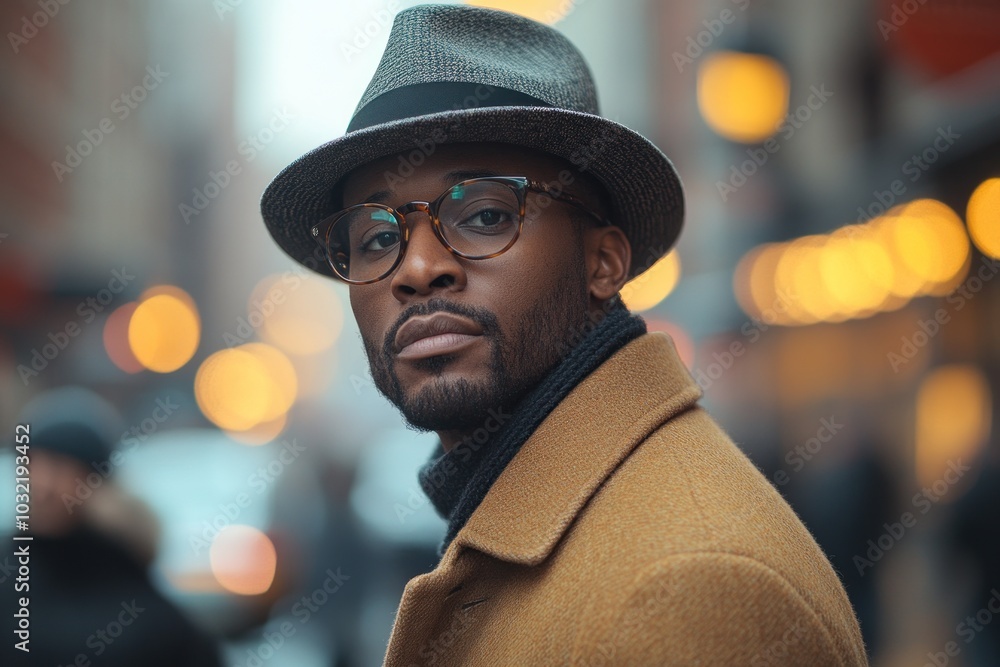 A young man wearing a hat and glasses looks directly at the camera while walking through a city street. A young man wearing a hat and glasses looks directly at the camera while walking through a city street.