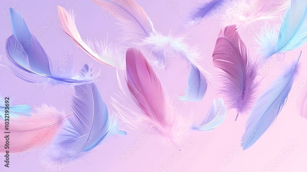 Soft,Colorful Feathers Lifted by Gentle Air Currents on Pastel Lavender Background Soft,Colorful Feathers Lifted by Gentle Air Currents on Pastel Lavender Background