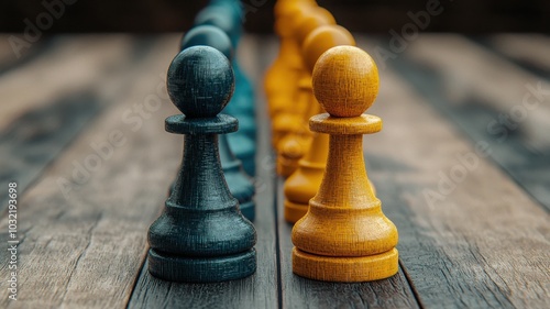 A close-up of wooden chess pawns in blue and yellow, positioned on a textured wooden surface, highlighting the theme of strategy and competition. photo