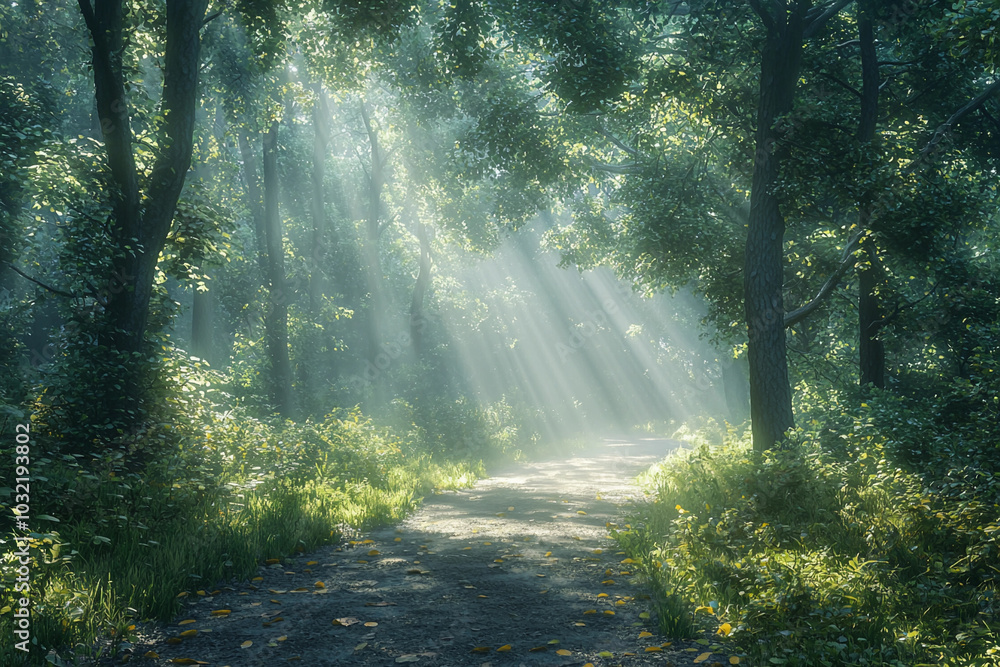 Obraz premium Sunlight filtering through trees on a tranquil forest path