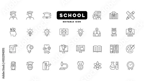 School education icons. teaching, online education, graduate, studying, learning, uniform. Education thin outline icon.