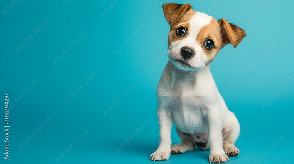 Curious Puppy Sitting with Head Tilt on Pastel Blue Background Curious Puppy Sitting with Head Tilt on Pastel Blue Background