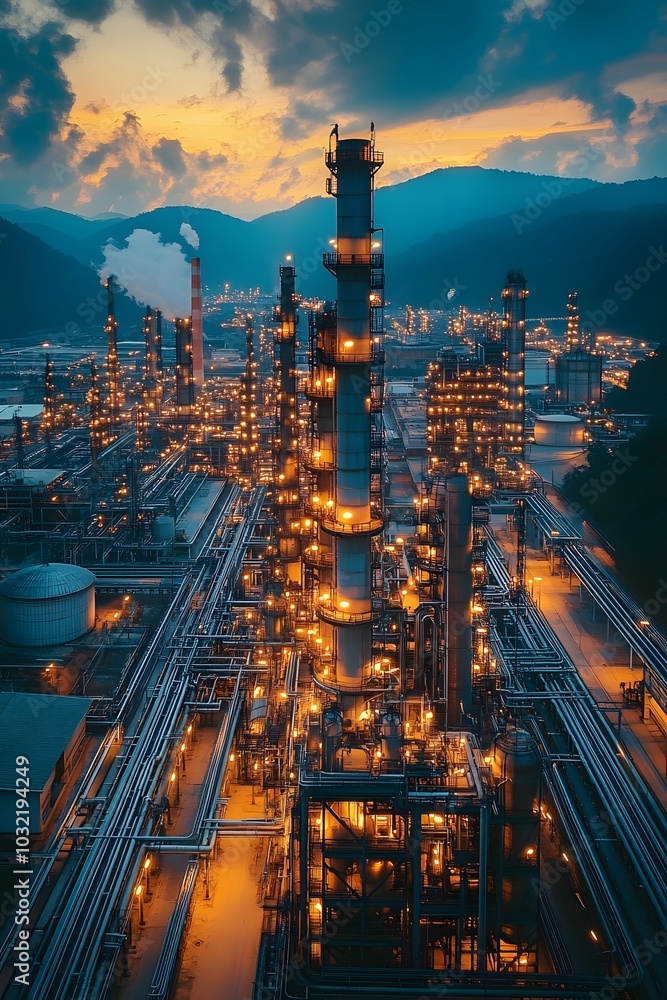 Fototapeta premium Aerial view of a oil refinery at dusk