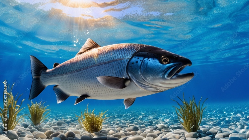 A salmon fish swimming in blue water in the sea A salmon fish swimming in blue water in the sea