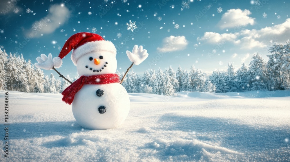 Fototapeta premium Happy snowman with a large Santa hat, waving joyfully in a snow-covered winter wonderland, 3D holiday scene.