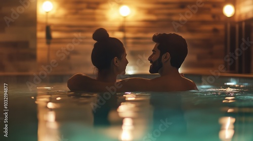 Happy young couple spending quality time in a serene sauna environment at the spa