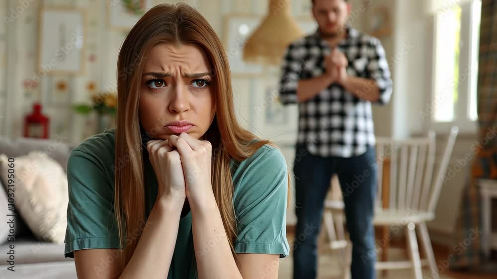 Young Frustrated Woman Sitting on Couch with Upset Man Standing in Background, Tense Relationship in Bright Living Room, Domestic Conflict, Strained Emotions, Casual Home Setting Young Frustrated Woman Sitting on Couch with Upset Man Standing in Background, Tense Relationship in Bright Living Room, Domestic Conflict, Strained Emotions, Casual Home Setting