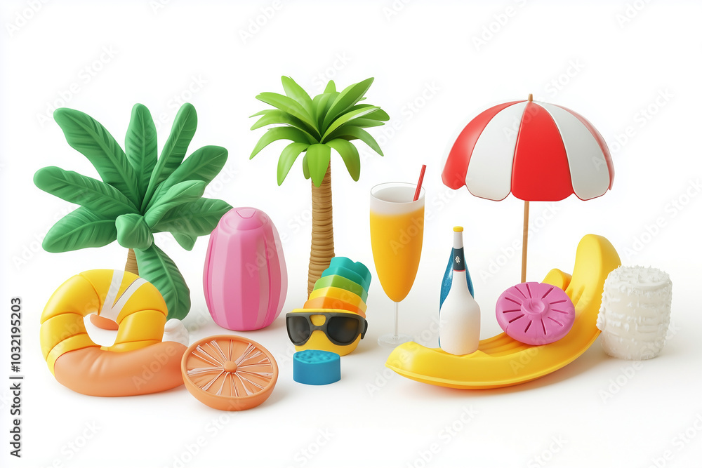 Obraz premium collection of tropical themed items including a beach umbrella, a beach ball, a pair of sunglasses, a hot dog, a banana, a pineapple, and a beach towel