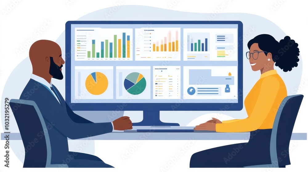HR professionals engaged with a recruitment dashboard, examining diverse candidate profiles, emphasizing diversity recruitment analytics. HR professionals engaged with a recruitment dashboard, examining diverse candidate profiles, emphasizing diversity recruitment analytics.