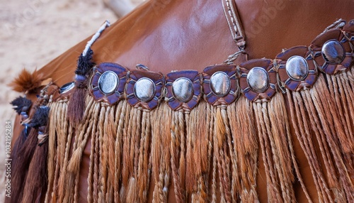 fringing detail on leather armitas specially designed for rancho use. generative ai photo