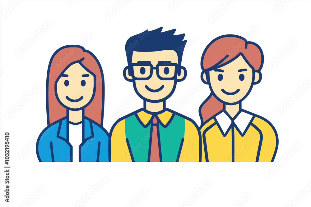 Three people are smiling and standing next to each other. The man is wearing a tie and glasses, while the woman is wearing a yellow shirt Three people are smiling and standing next to each other. The man is wearing a tie and glasses, while the woman is wearing a yellow shirt