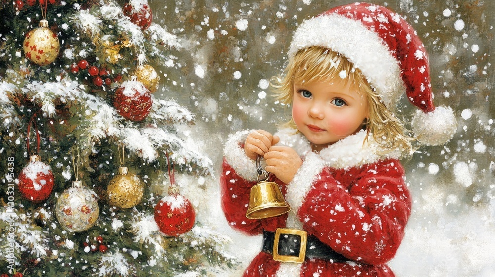 A child in a Santa outfit, ringing a bell and standing next to a Christmas tree adorned with ornaments and lights. A child in a Santa outfit, ringing a bell and standing next to a Christmas tree adorned with ornaments and lights.