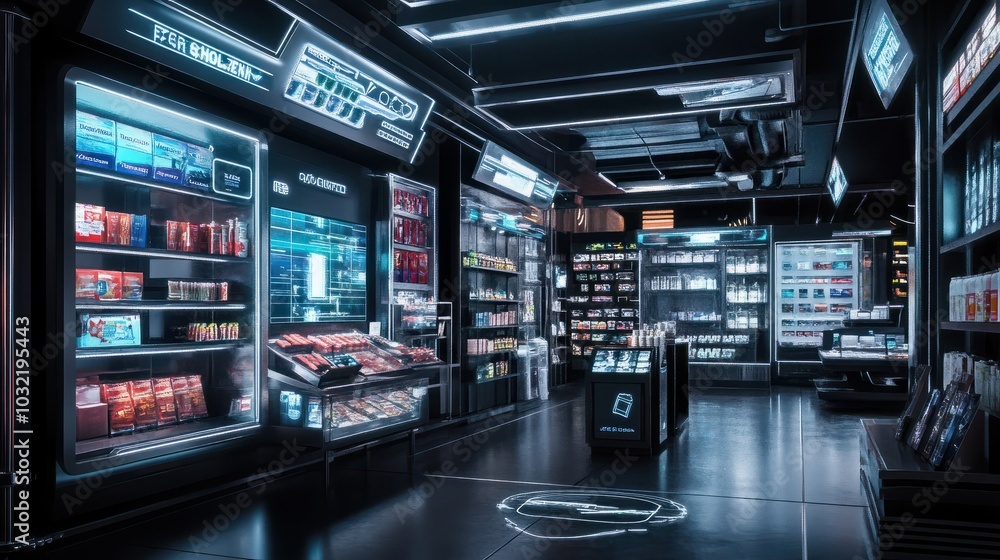 Holo-Market Stand A virtual market stand with holographic product displays and digital information panels, representing a modern shopping experience Holo-Market Stand A virtual market stand with holographic product displays and digital information panels, representing a modern shopping experience