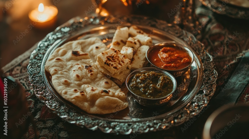 Fototapeta premium A delicious Indian thali with naan, dal, paneer, and chutneys arranged on a decorative silver plate, ready to be served in a cozy, festive setting.