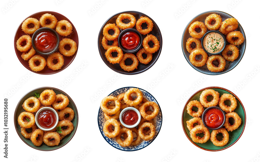 fried onion rings with dipping sauce on a plate isolated on a transparent or white background, top view, cut-out, PNG fried onion rings with dipping sauce on a plate isolated on a transparent or white background, top view, cut-out, PNG