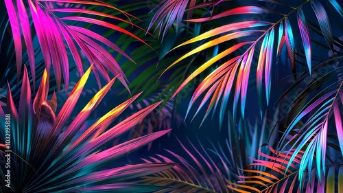 Vibrant tropical leaves with colorful lighting.
