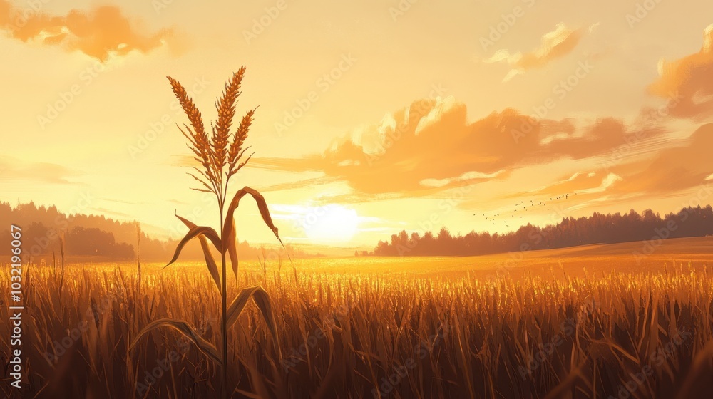 Golden Sunset Over a Serene Cornfield Landscape