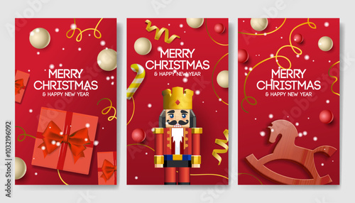 Xmas modern design with Christmas Nutcracker, gift box, rocking horse, and balls in red gold colors. Luxury Christmas cards, posters, holiday covers, banners, ads, vector illustration