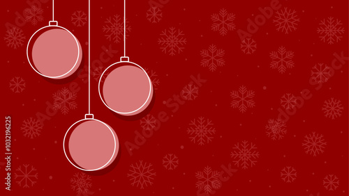 Three hanging Christmas balls on a red background decorated with snowflakes